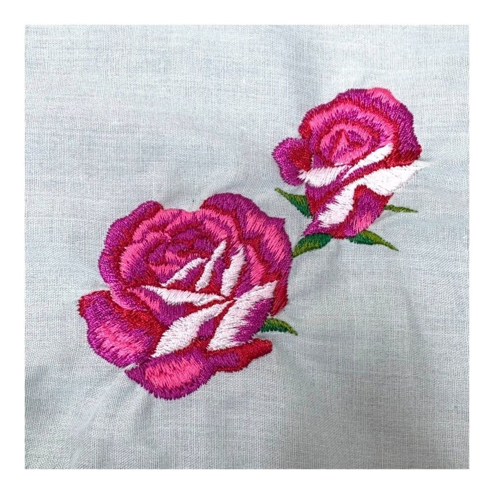 Vintage Handkerchief Embroidered Red Roses & Pink Lace Trim Hanky Victorian